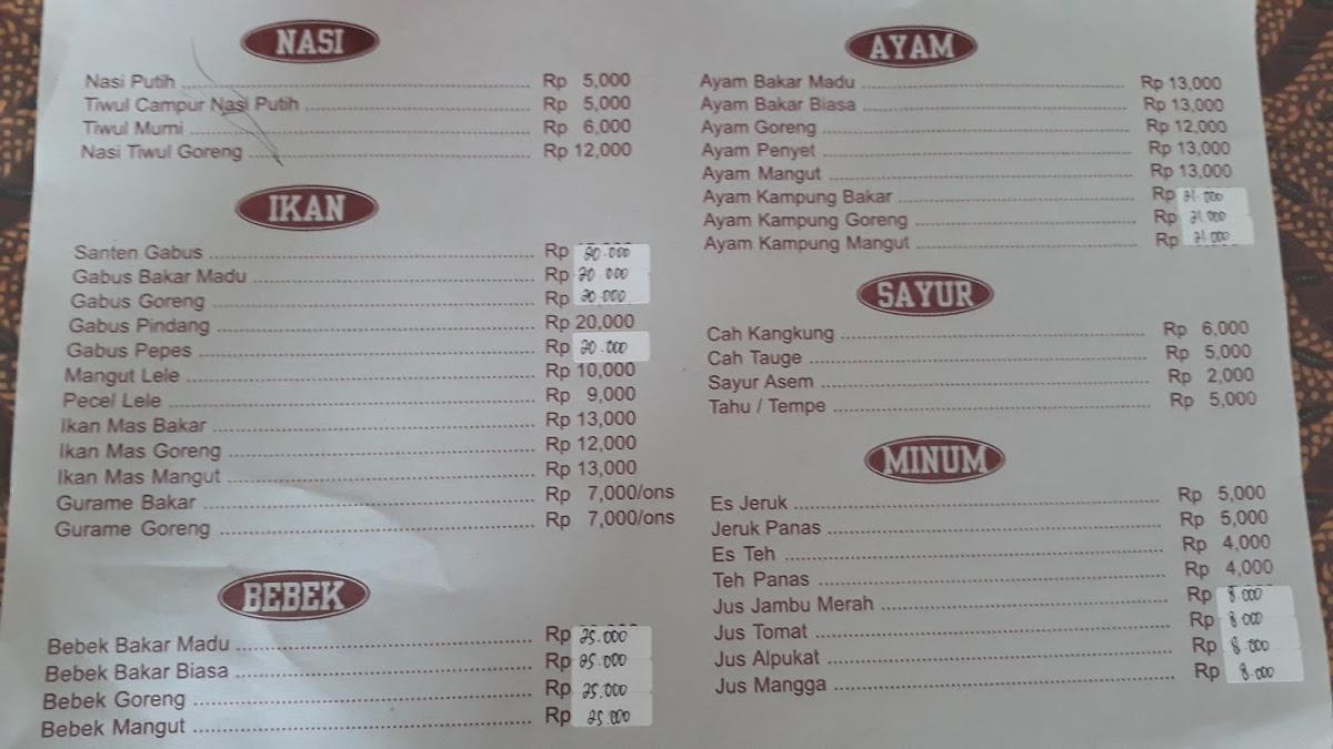 Menu at Warung Makan Sego Tiwul restaurant, Bandar Lampung