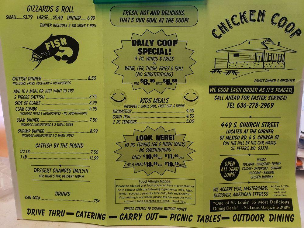 Menu at Chicken Coop fast food, St. Peters