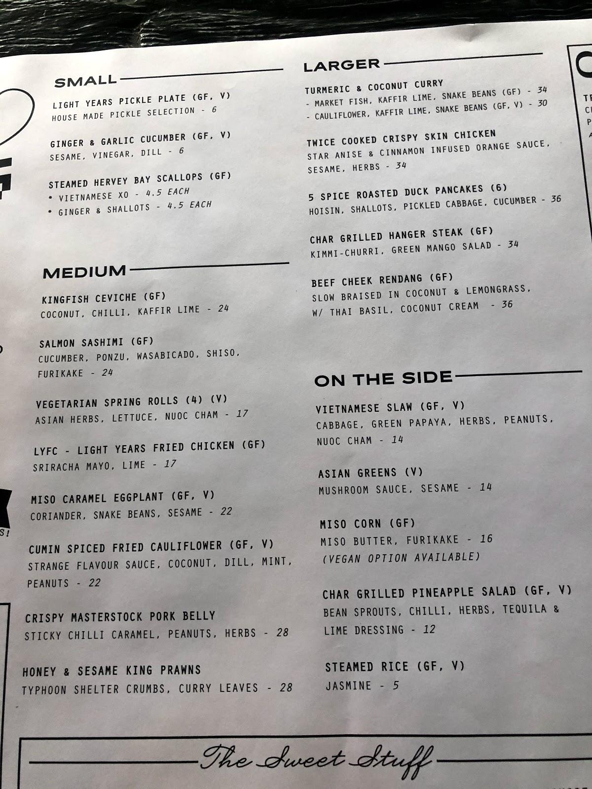 Menu at Light Years Noosa restaurant, Noosa Heads