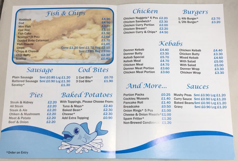 Menu at Ocean Blue restaurant, Sheffield