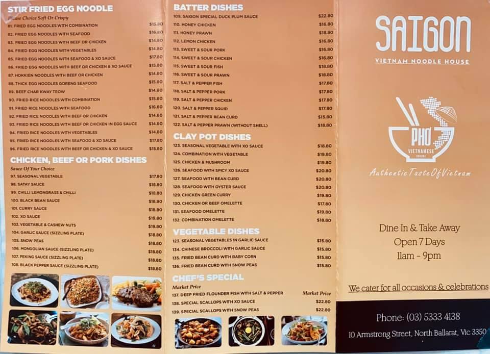 Menu at Saigon Noodle House restaurant, Ballarat Central