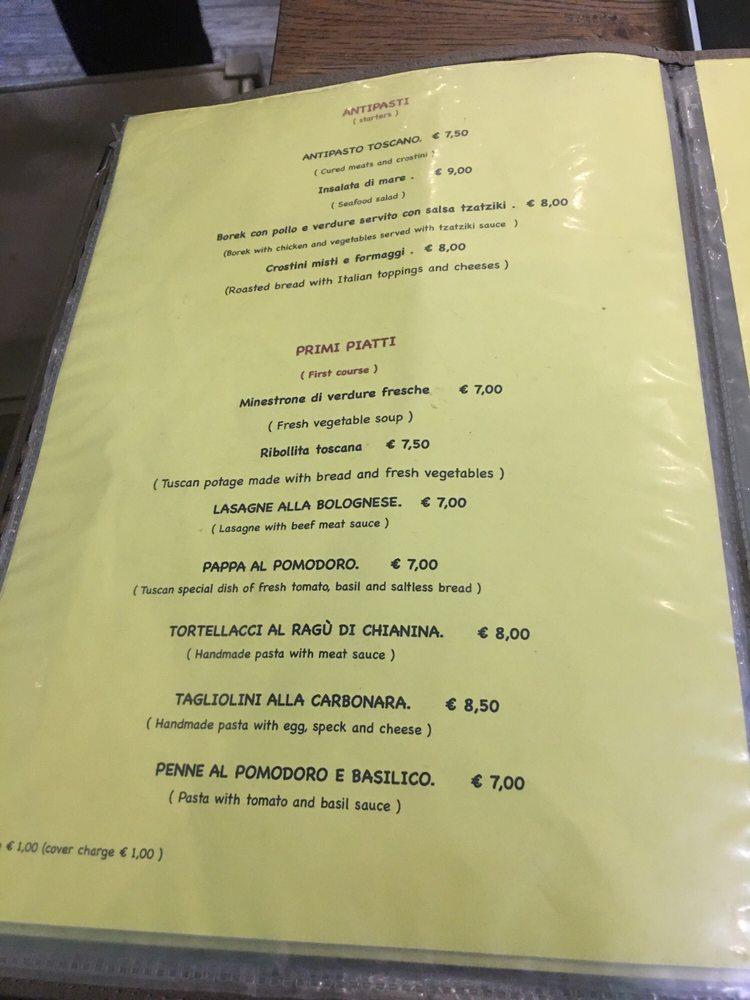 Menu at Reverse Firenze cafeteria, Florence