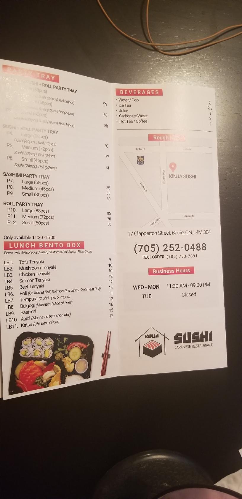 Menu at Kinja Sushi restaurant, Barrie