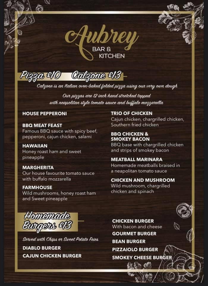 Menu at The Aubrey Arms restaurant, Ystalyfera