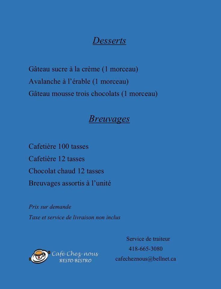 Menu au Café Chez-Nous, La Malbaie