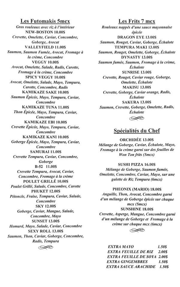 Menu au Chiyo restaurant, SalaberrydeValleyfield
