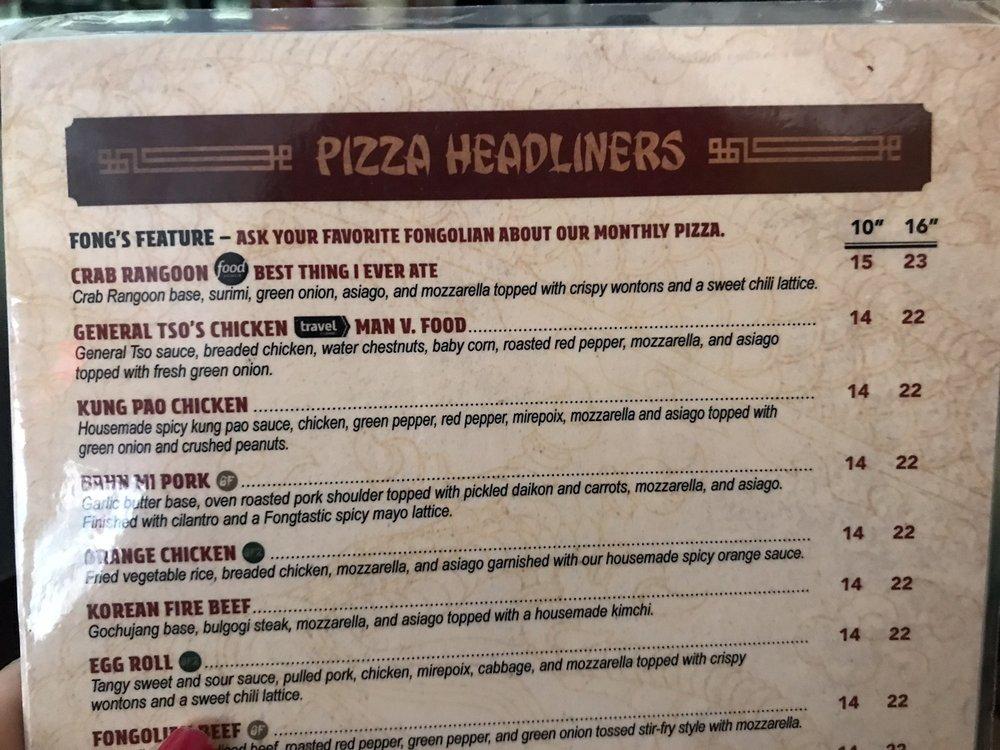 Menu at Fong's Pizza pub & bar, Des Moines, 223 4th St