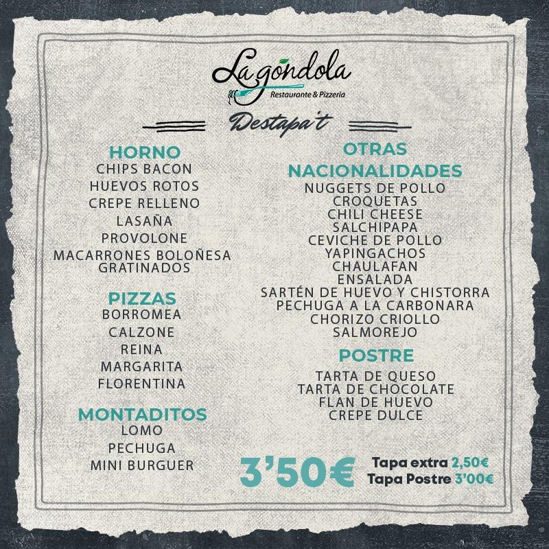 Menu at Pizzería & Restaurante La Góndola, Gandia