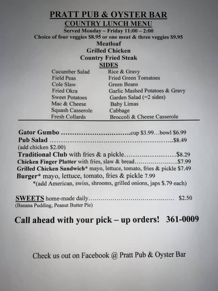 Menu at Pratt Pub & Oyster Bar, Prattville, E Main St