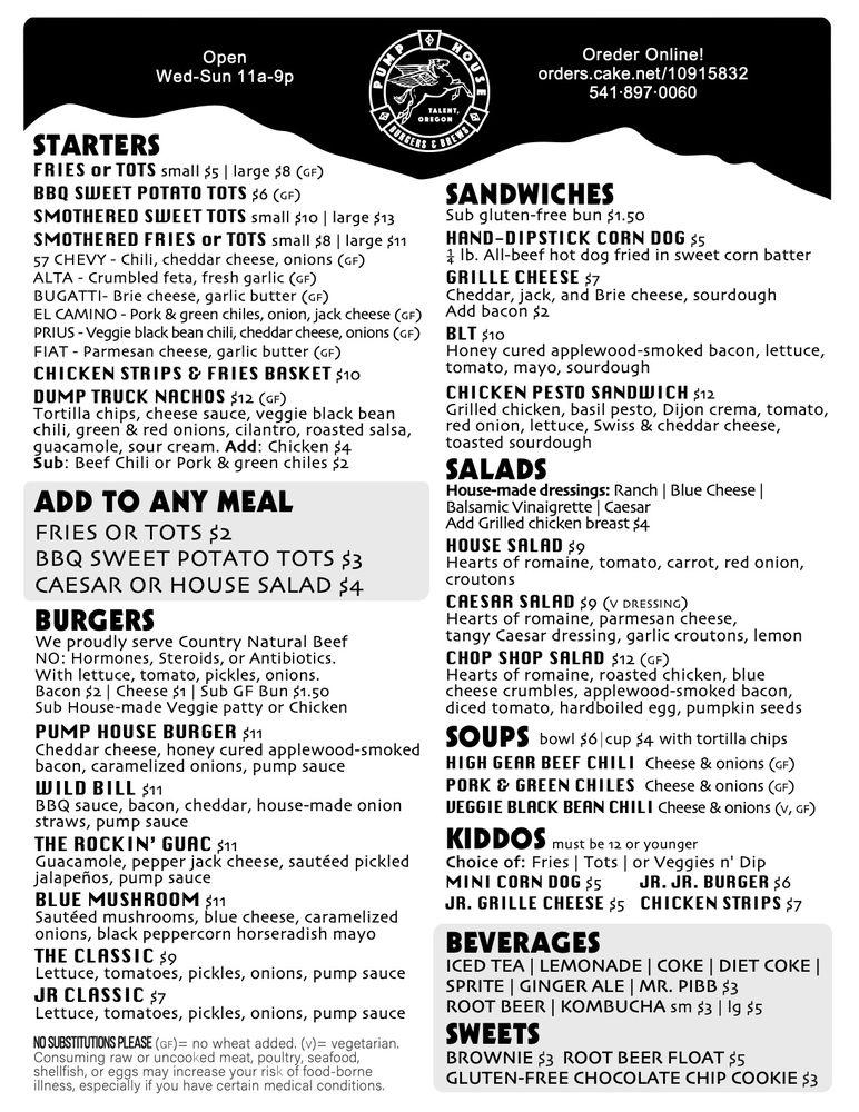 Menu at Pump House Burgers and Brew pub & bar, Talent