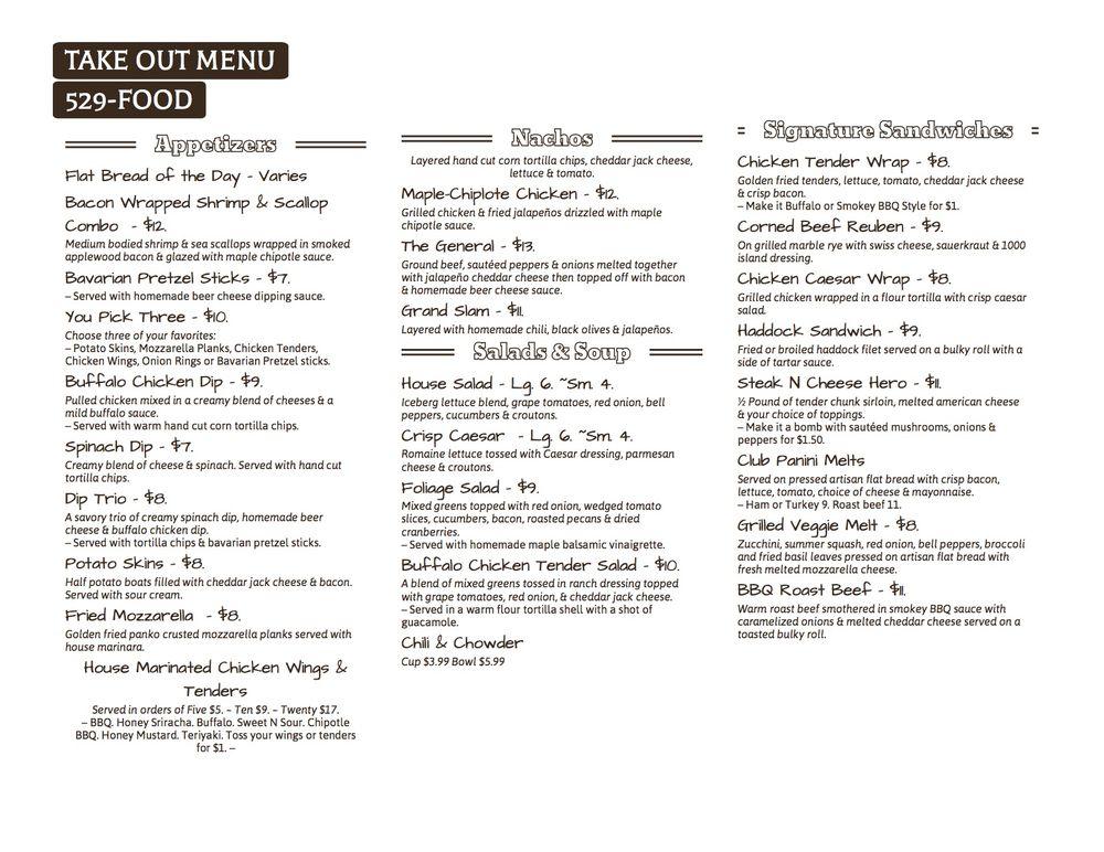 Menu at Generals Sports Bar and Grill, Weare