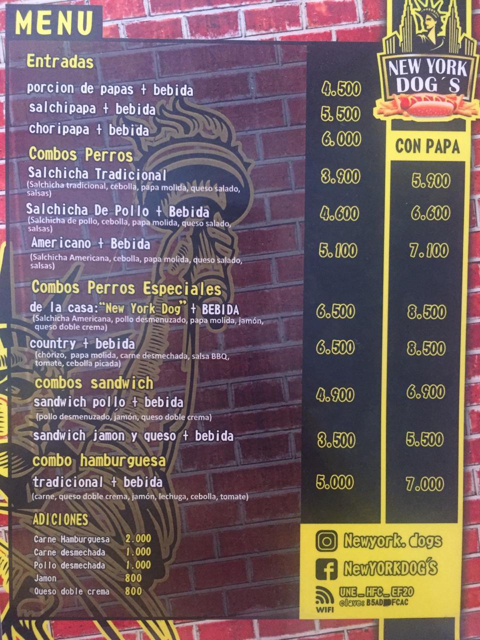 Menu at New York Dog's cafeteria, Bucaramanga