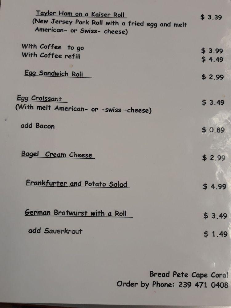 Menu at Bread Pete cafe, Cape Coral