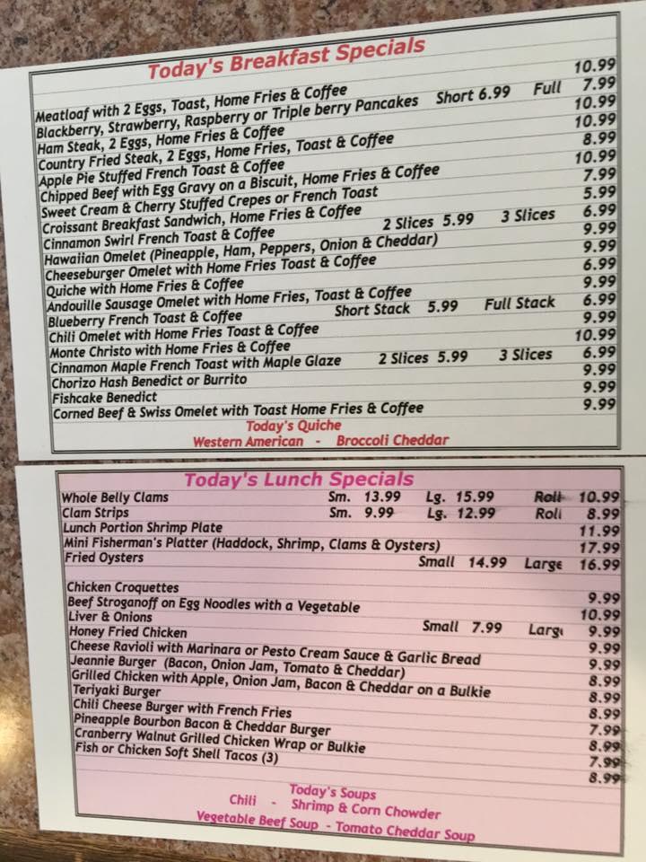 Menu at Jeanne's Family Diner restaurant, Swanzey
