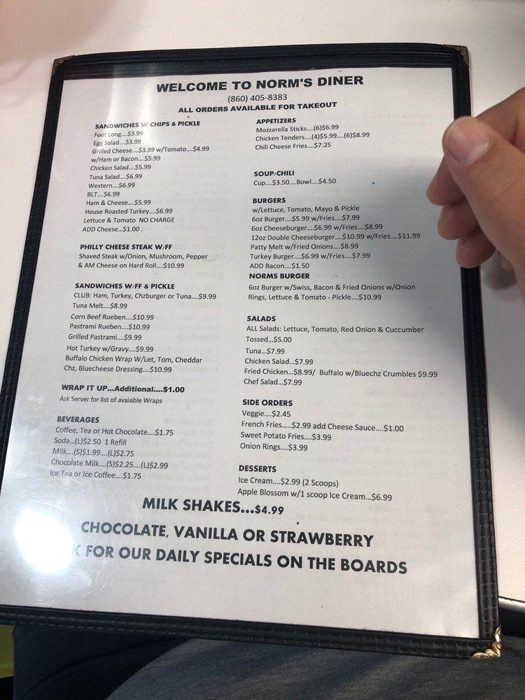 Menu at Norm's Diner restaurant, Groton