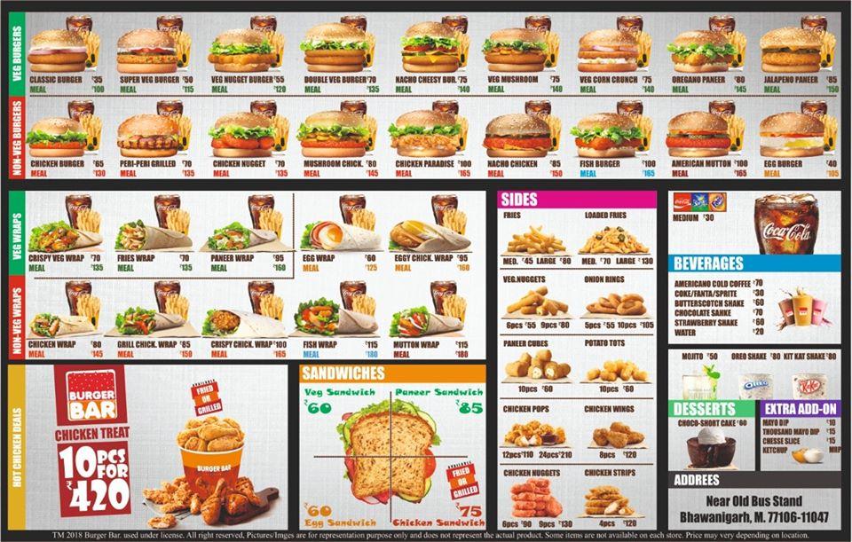 Burger Bar barnala menu