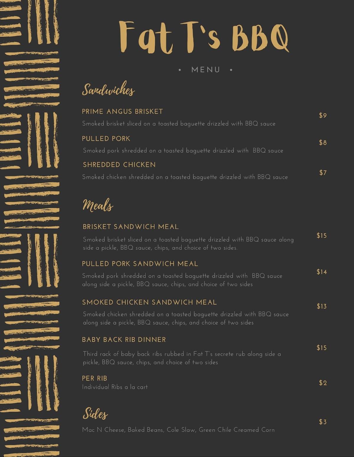 Menu at Fat T's BBQ, Albuquerque