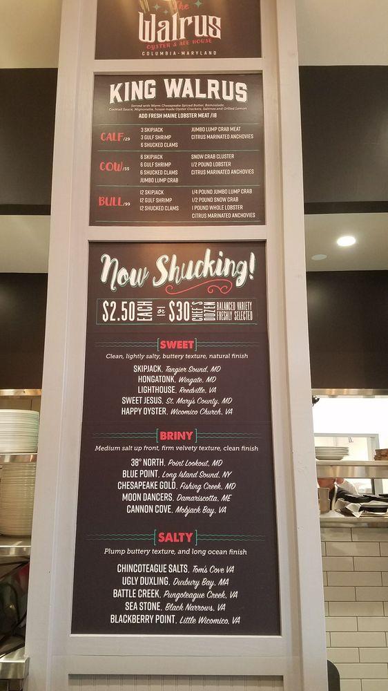 Menu at The Walrus Oyster & Ale House pub & bar, Columbia