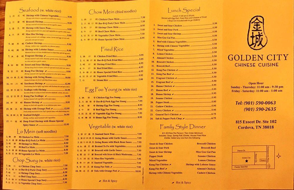 Menu at Golden City Chinese Cuisine restaurant, Memphis
