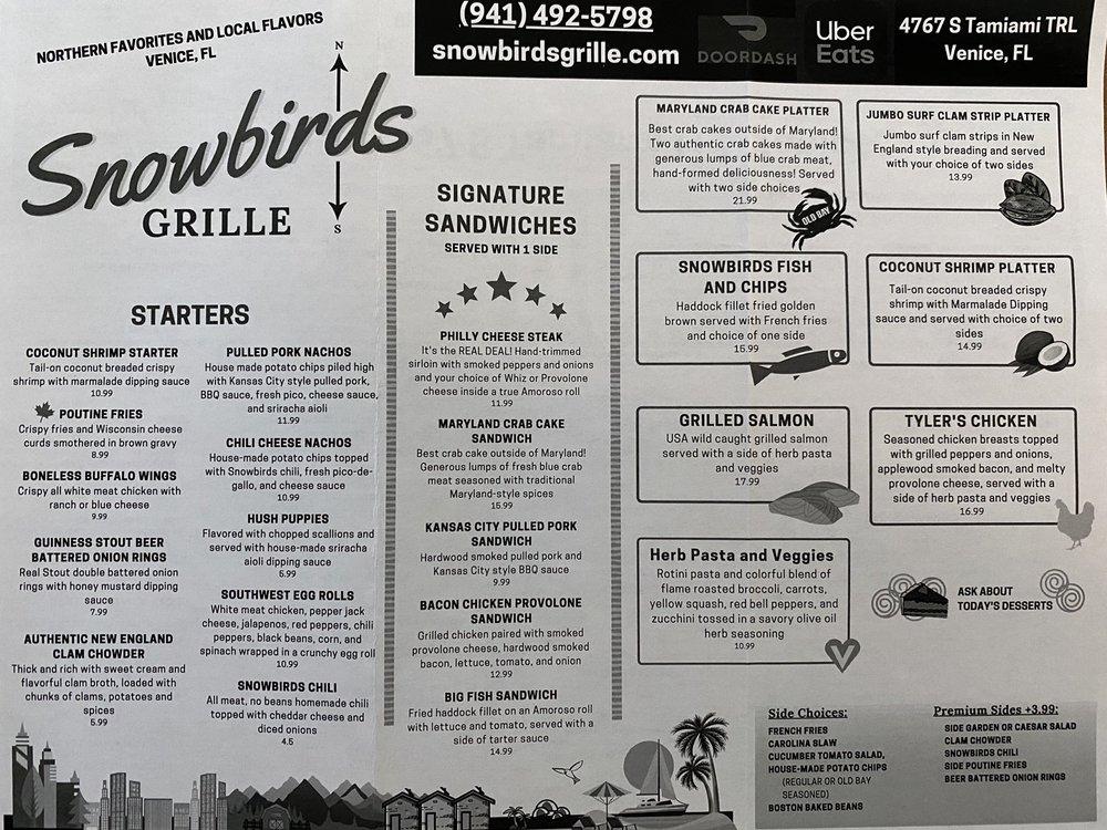 Menu at Snowbirds Grille restaurant, Venice