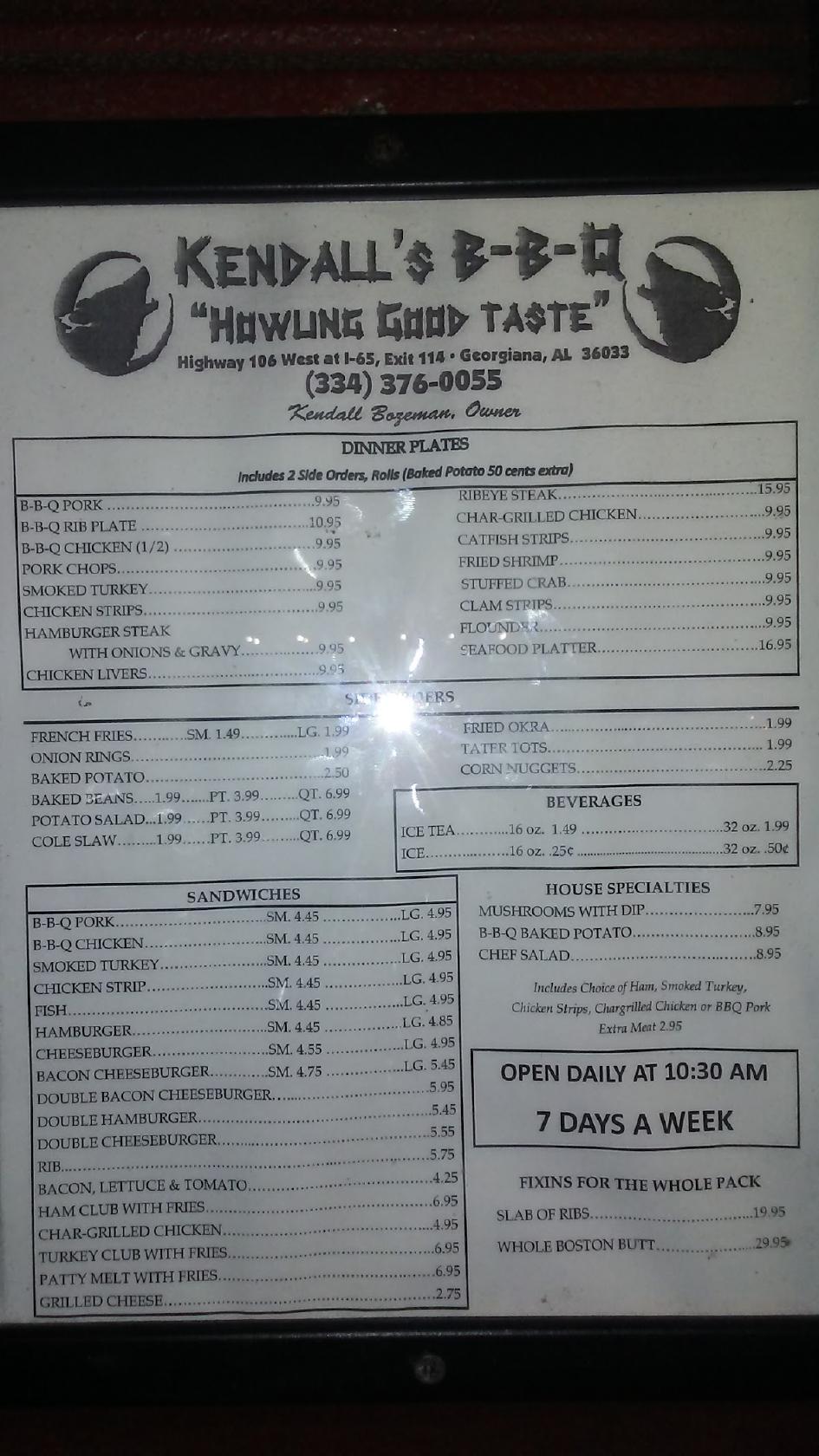 Menu at Kendall's BBQ, 2230 AL106