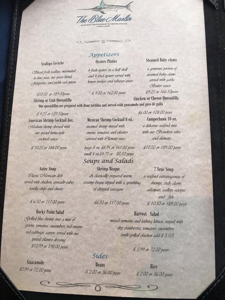 Menu at The Blue Marlin restaurant, Puerto Peñasco, Calle Ignacio