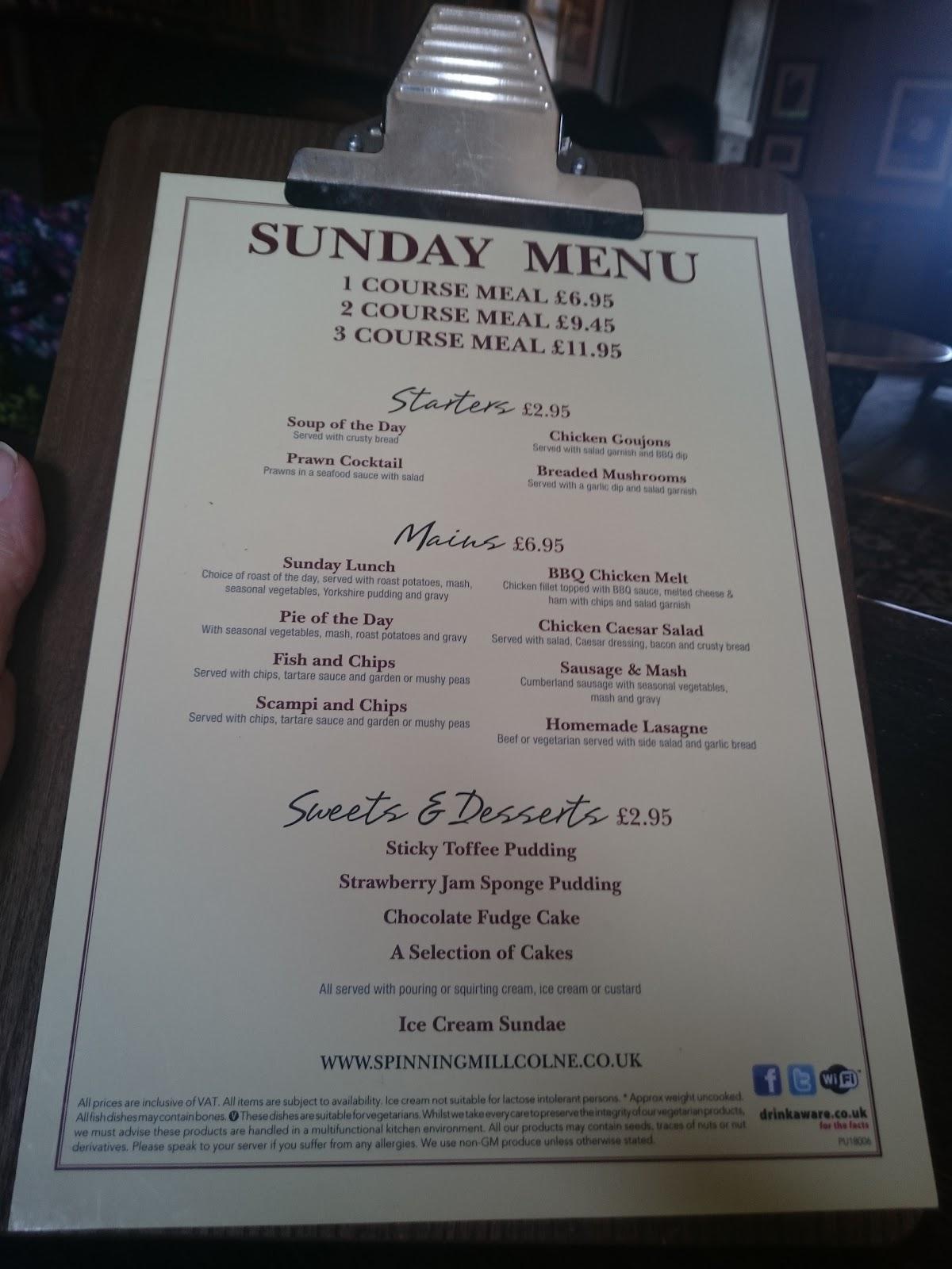 Menu at The Spinning Mill restaurant, Colne