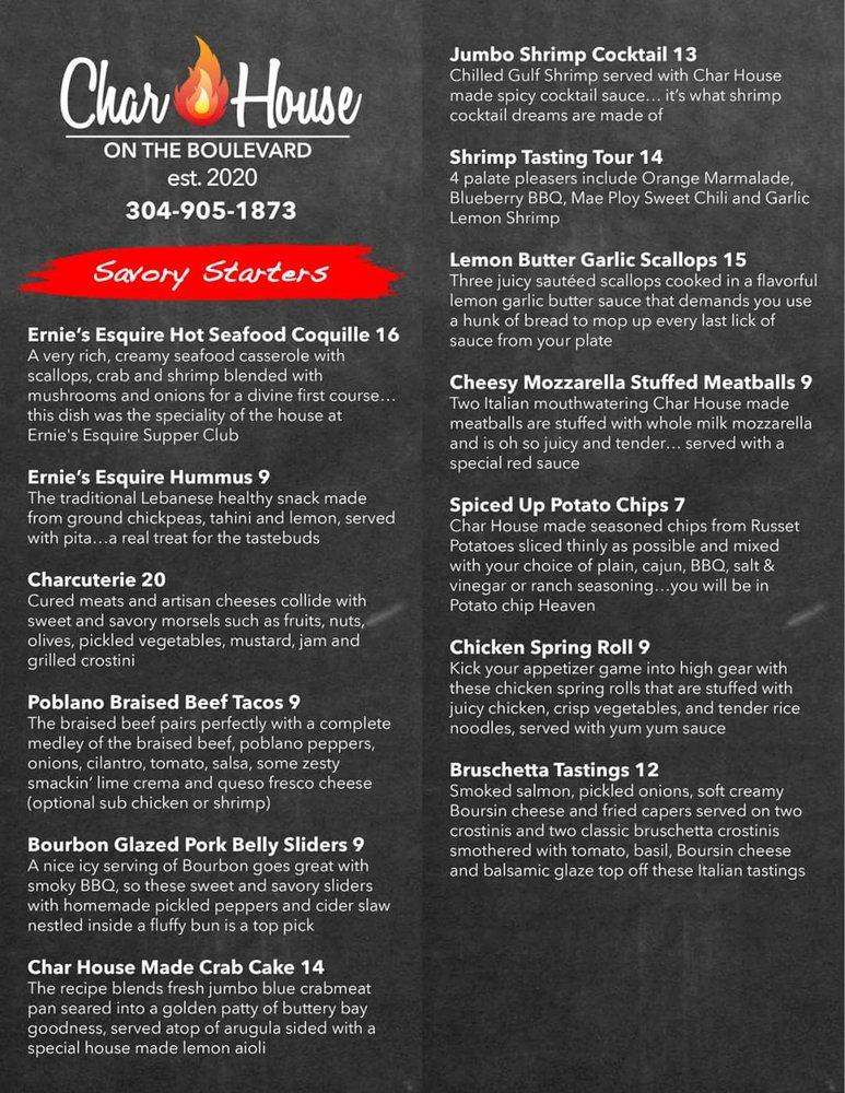Menu at Char House on the Boulevard pizzeria, Wheeling
