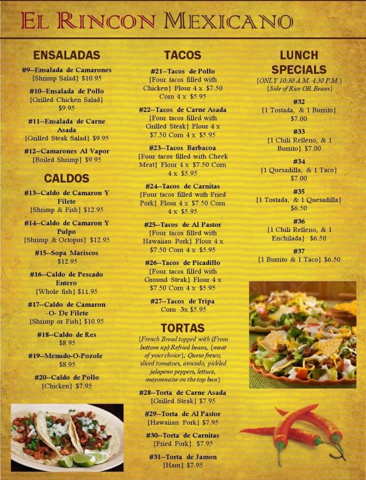 Menu at El Rincon Mexicano restaurant, Plant City