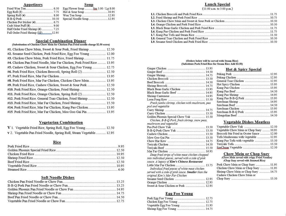 Menu at Golden Phoenix Chinese Restaurant, Phoenix