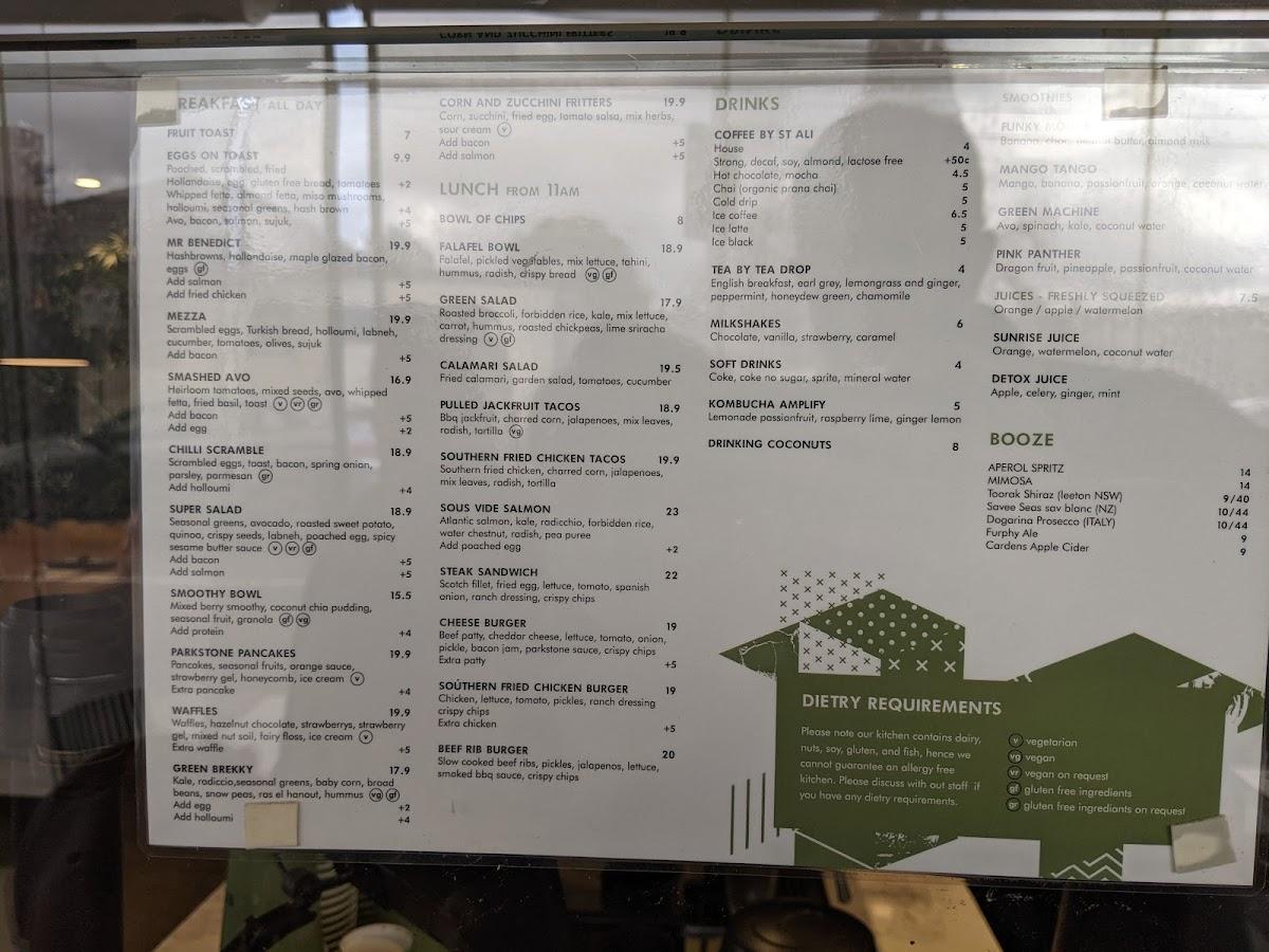 Menu at Parkstone cafe, Pascoe Vale South
