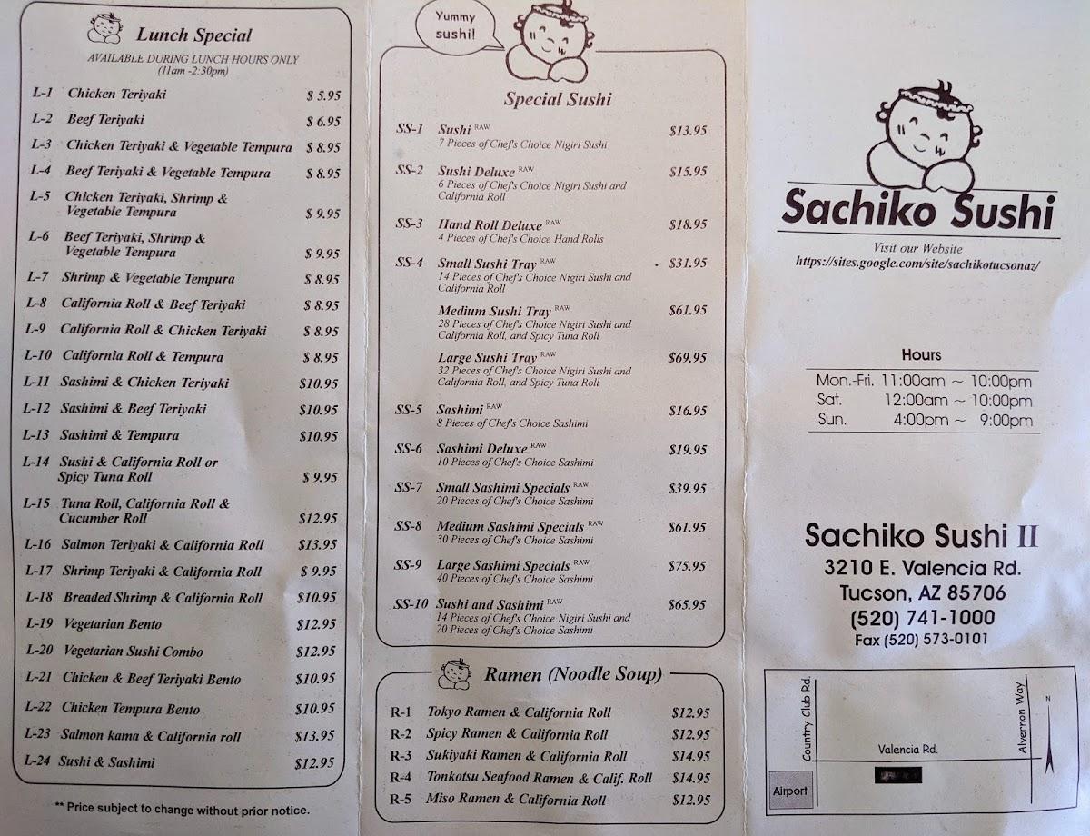 Menu at Sachiko Sushi restaurant, Tucson, E Valencia Rd