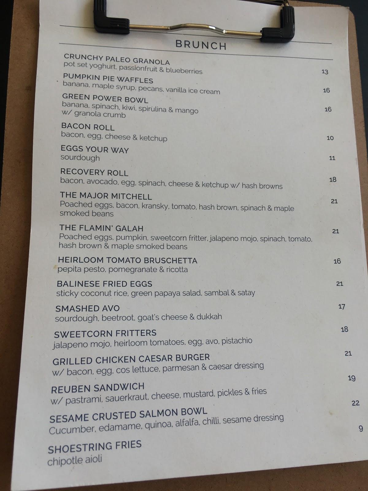 Menu at Cockatoo cafe, Armstrong Creek