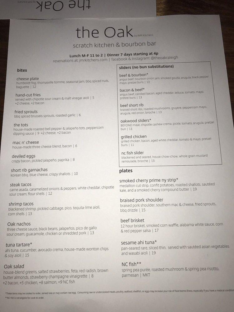 Menu at the Oak, Kitchen Bourbon Bar, Raleigh