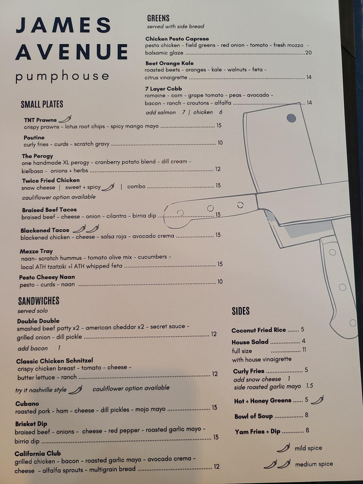 The pump deals house menu