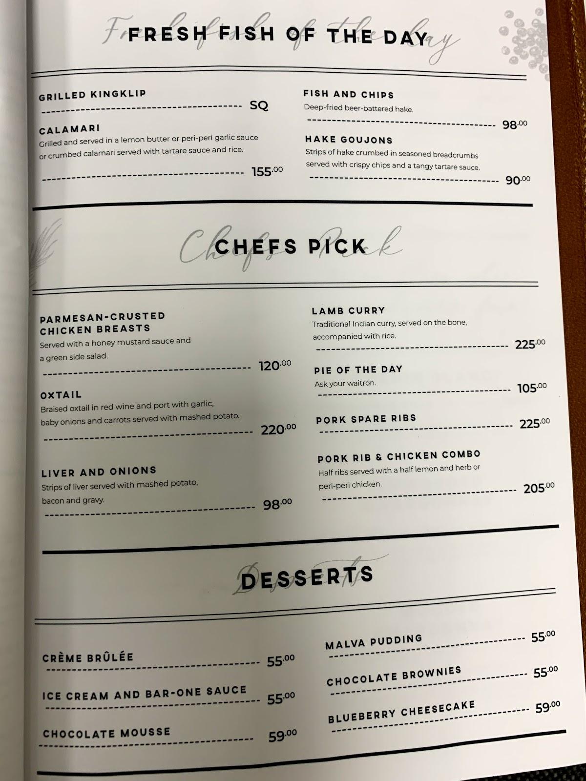 Menu au The Baron Umhlanga, Durban
