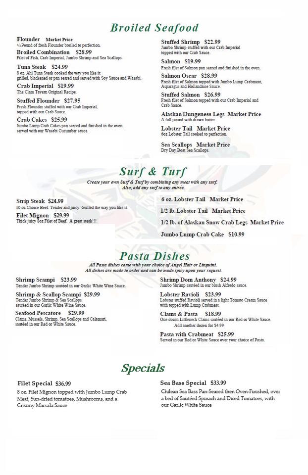 Menu at Clam Tavern restaurant, Clifton Heights