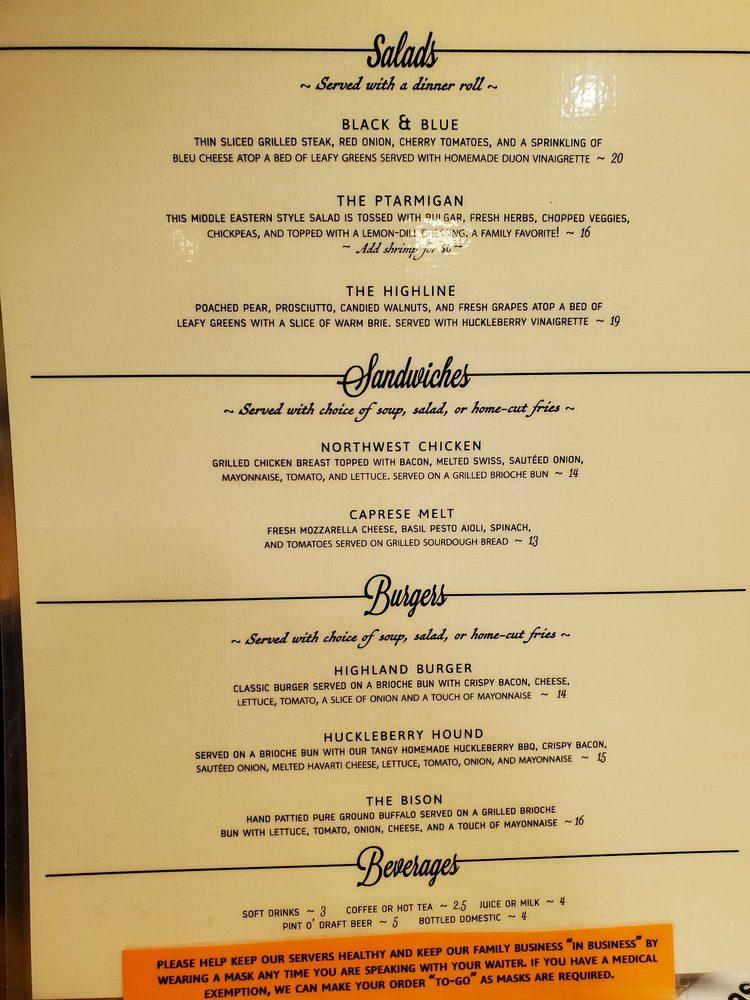 Menu at Glacier Highland Restaurant, West Glacier, US2