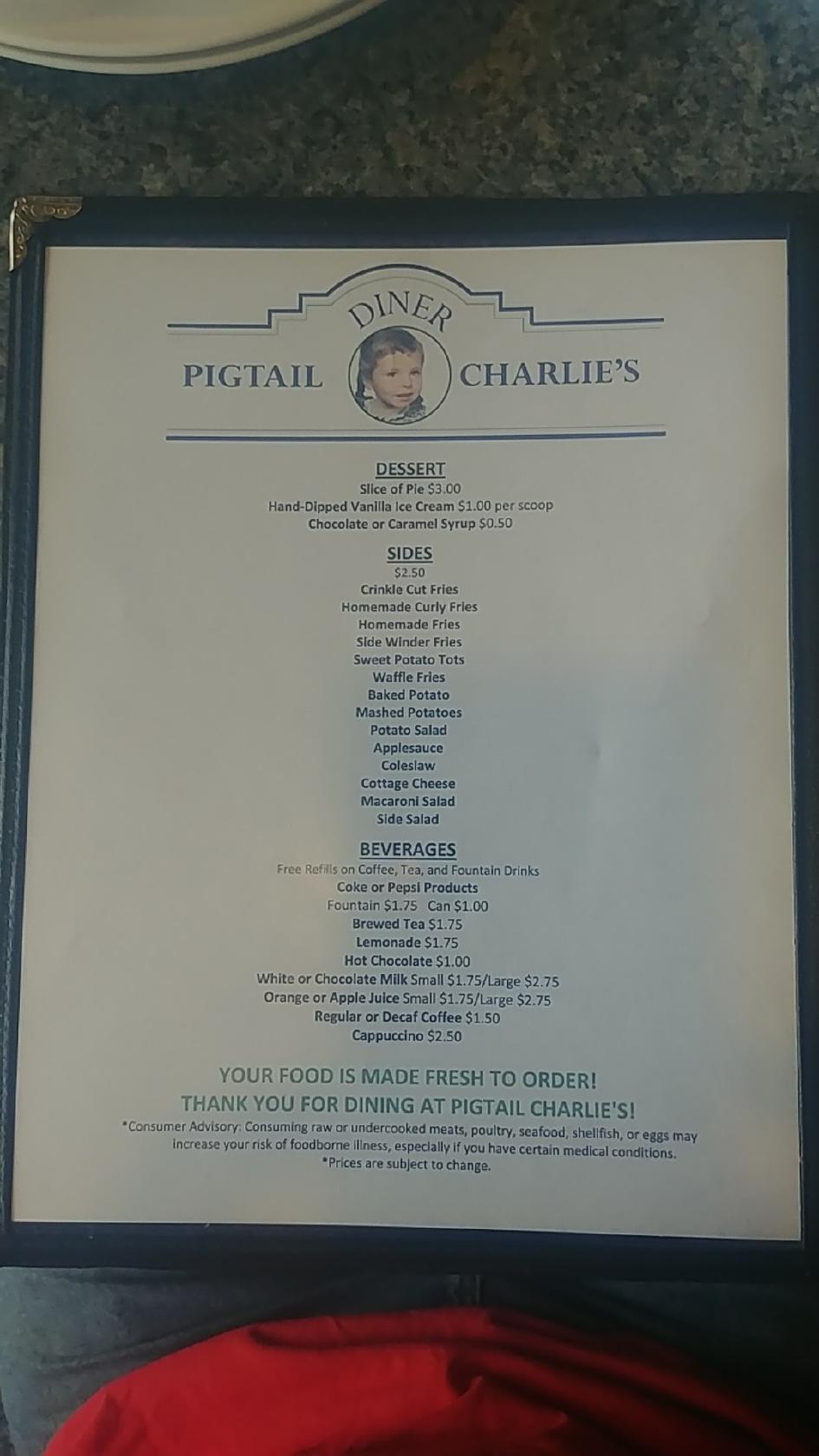 Menu at Pigtail Charlie's Diner, LLC restaurant, Hedrick
