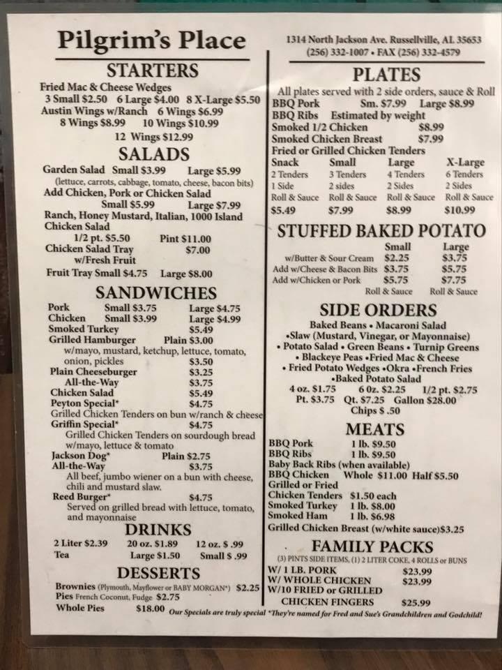Menu at Pilgrim's Place BBQ, Russellville