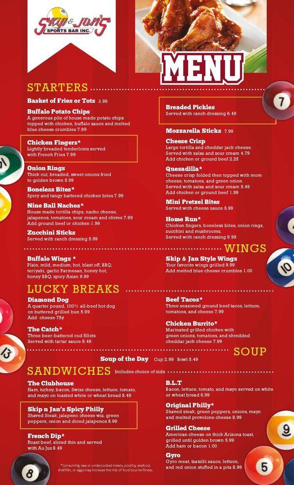 Menu at Skip & Jan's Sports Bar, Gilbert