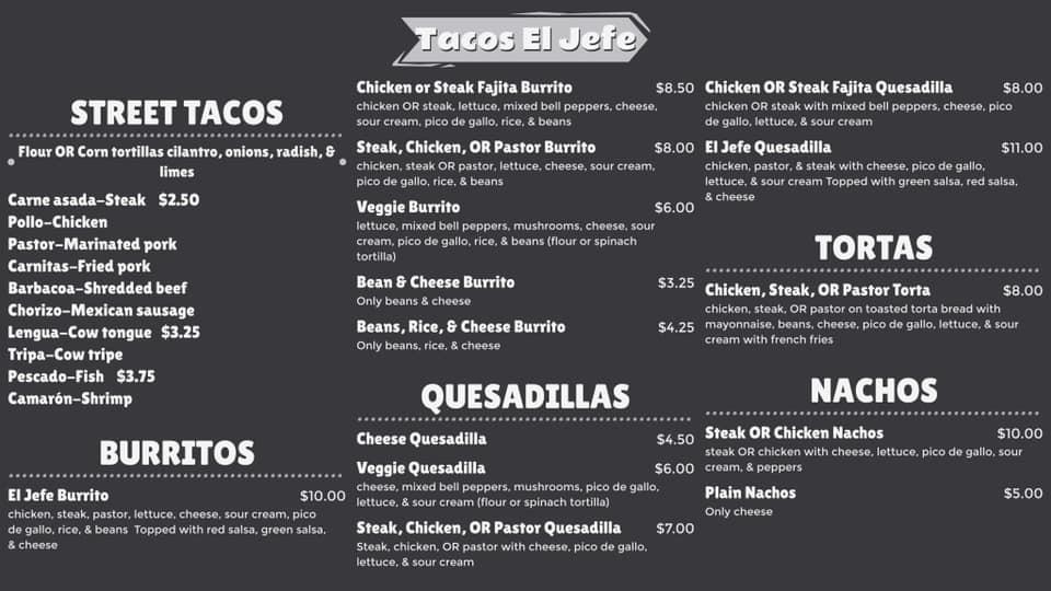 Menu at Tacos el Jefe Taqueria restaurant, Centerville