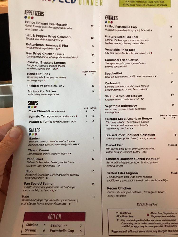 Menu at The Mustard Seed restaurant, Mount Pleasant, Chuck Dawley Blvd