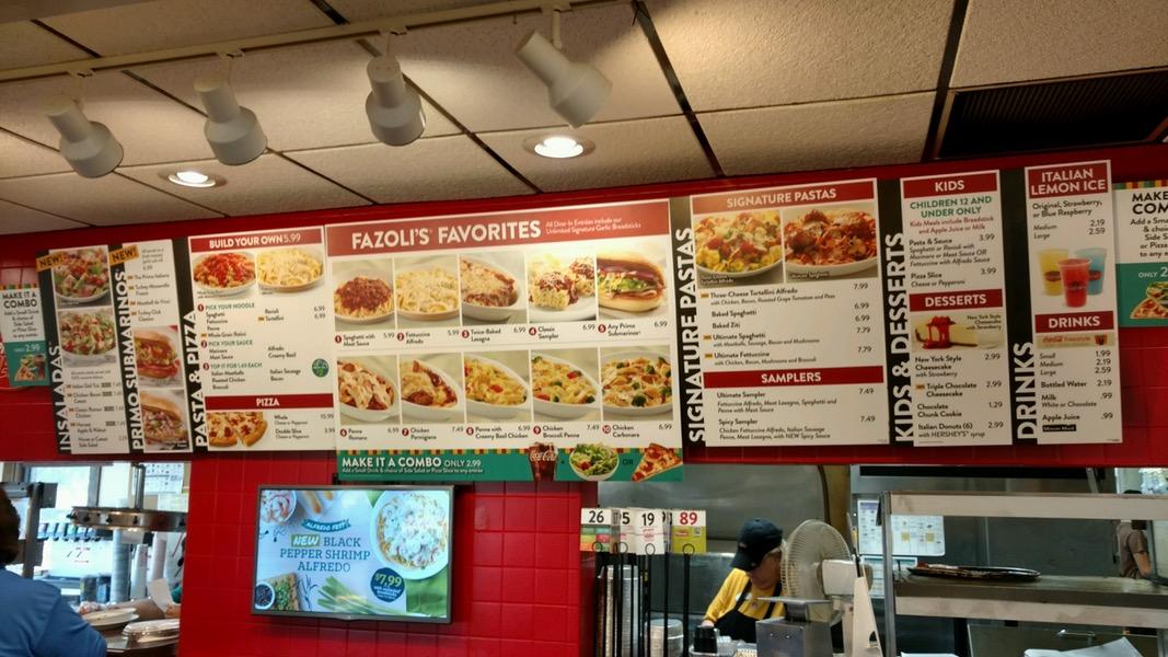 Menu at Fazoli's pizzeria, Elizabethtown