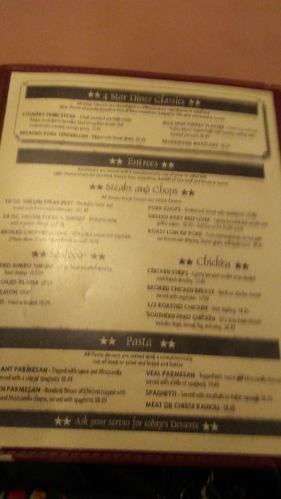 Menu at Four Star Diner restaurant, Cortland