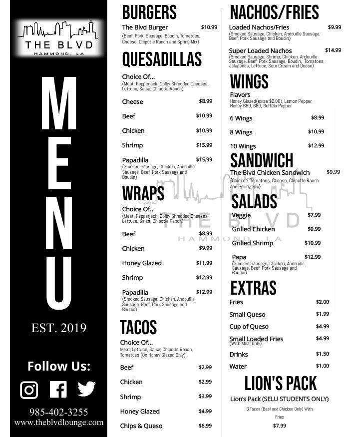 Menu at THE BLVD LOUNGE & GRILL, Hammond