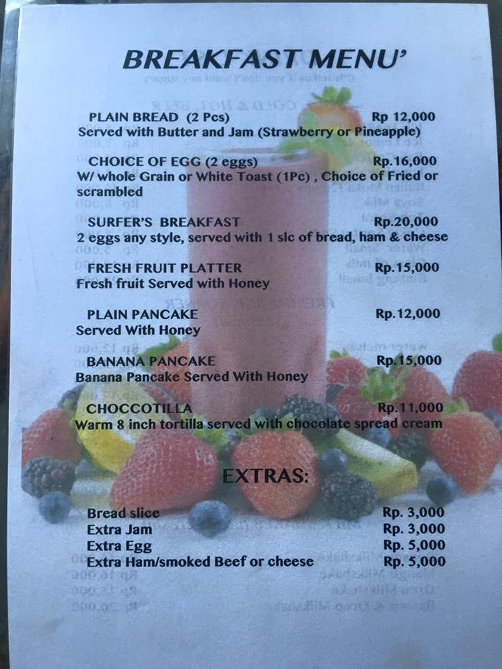 Menu at Tortilla express Bali restaurant, Kuta