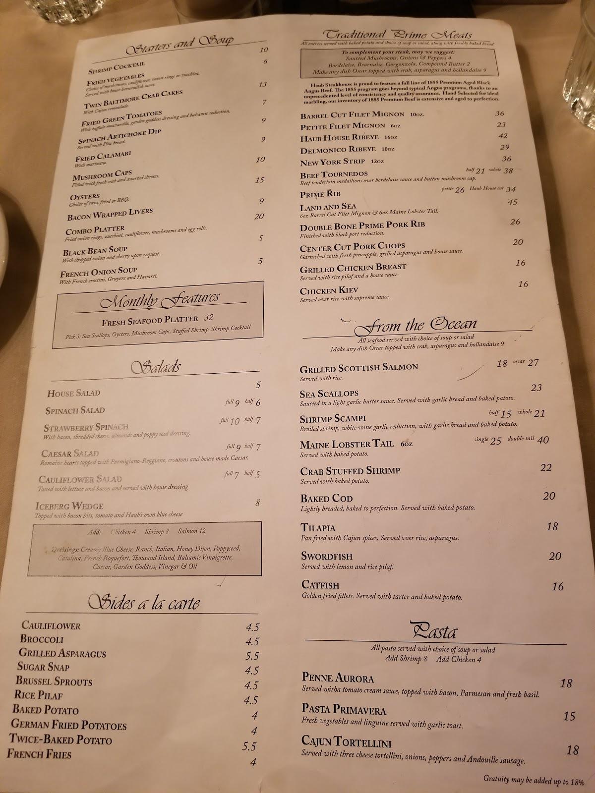 Menu at Haub House steakhouse, Haubstadt, 101 E Haub St
