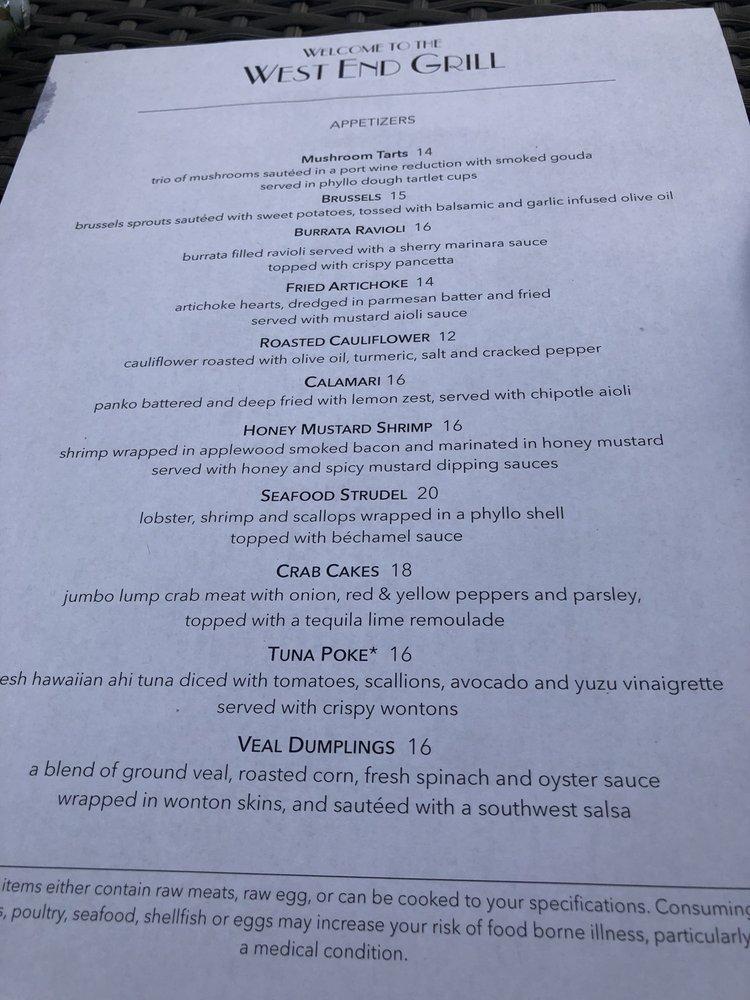 Menu at The West End Grill steakhouse, Ann Arbor