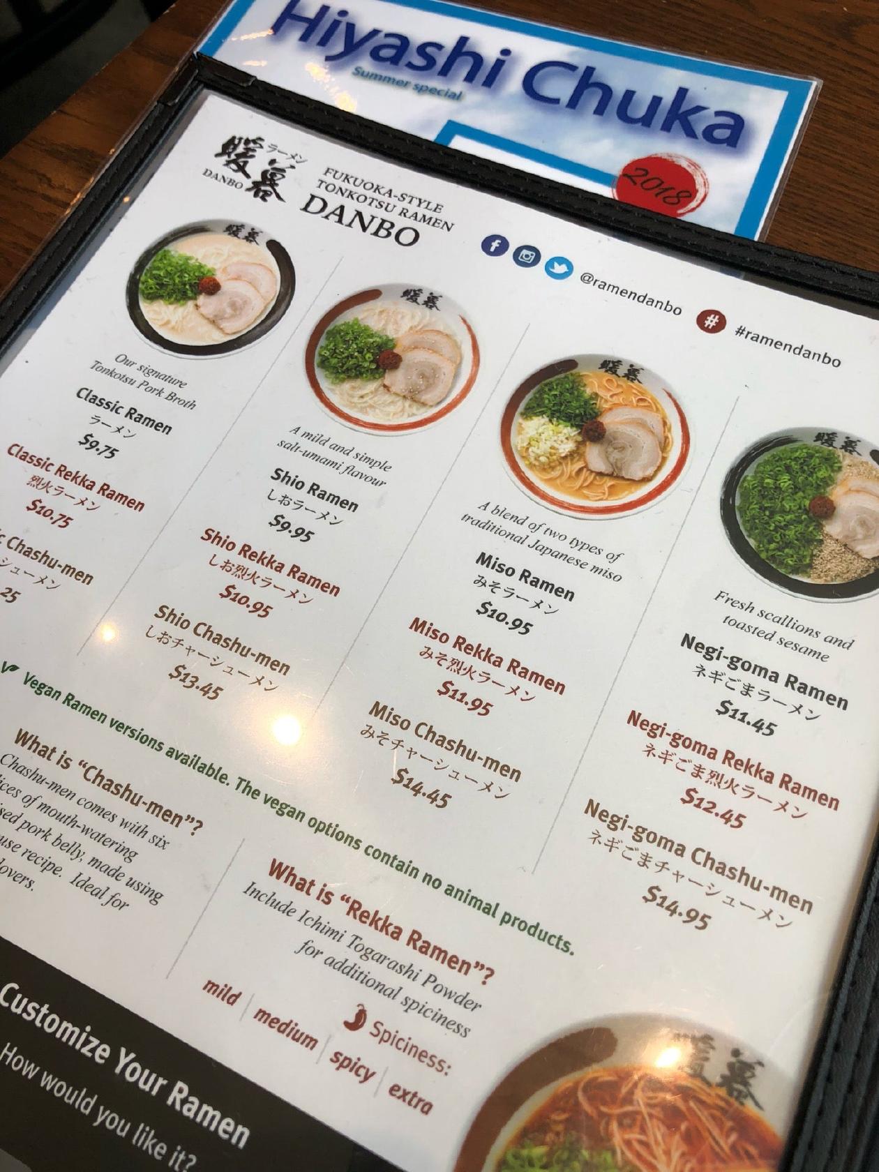 Menu at Ramen DANBO Capitol Hill restaurant, Seattle